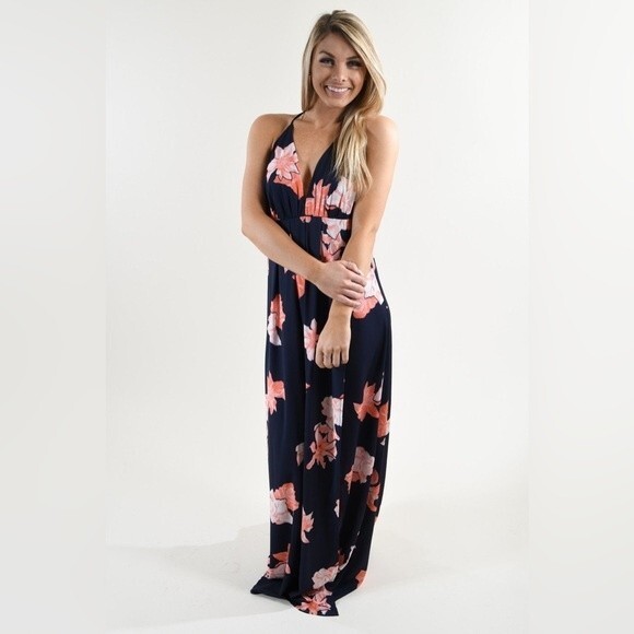 L'ATISTE By Amy Spaghetti Straps Floral Faux Wrap Plunging Backless Maxi Dress S - Picture 2 of 8